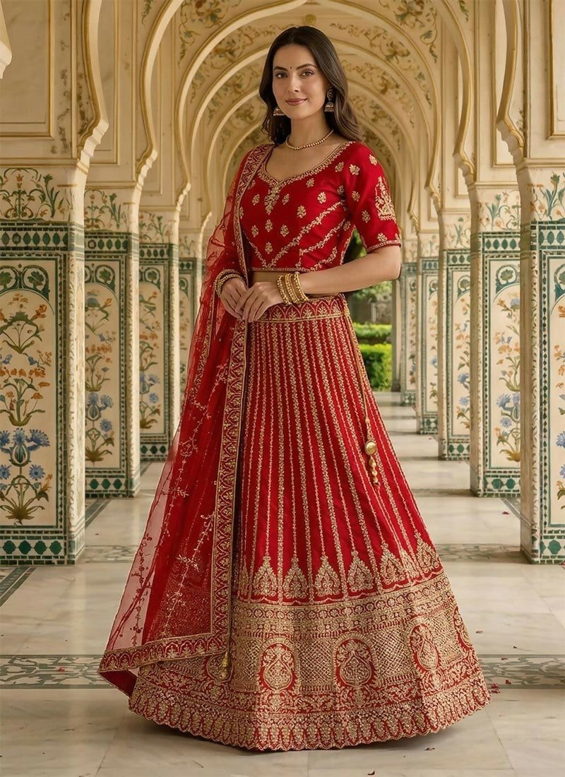 Lehenga Mart Red Heavy Silk With Fusing Designer Bollywood Style Wedding Wear Lehenga Choli - Dista