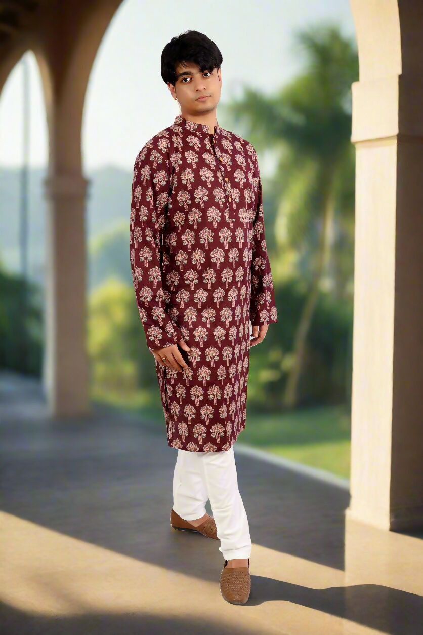 Souchii Men Burgundy Pure Cotton Ethnic Motif Printed Straight Kurta