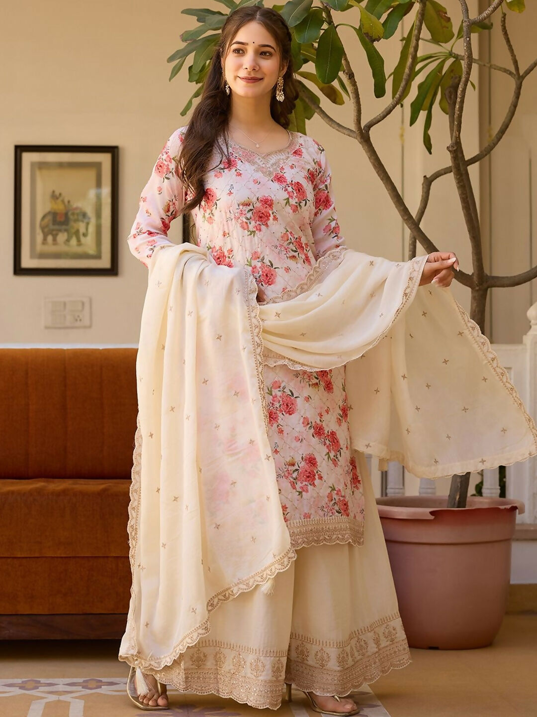 The52 White Women's Gorgeous Embroidered Chinon Fabric Straight Kurta Palazzo and Dupatta Set