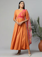 Thumbnail for Ahalyaa Women's Orange Crepe Gold Print Dress - Distacart