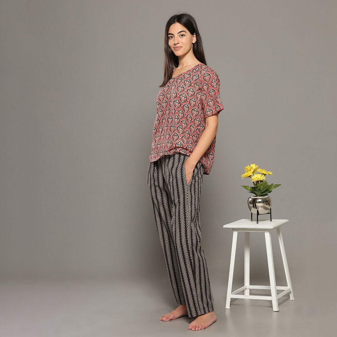 Breathables Women Cotton Printed Loungewear Kurta And Pants Co-Ord Set Red & Navy I Nightwear - Dista
