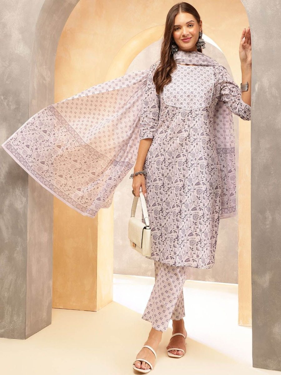 Anouk Women Ethnic Motifs Printed Regular Beads and Stones Pure Cotton Kurta with Trousers & With Dupatta - Distacart