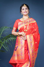 Thumbnail for Jyoti Fashion Women's Red Paithani Silk Zari Woven Saree with Blouse - Distacart