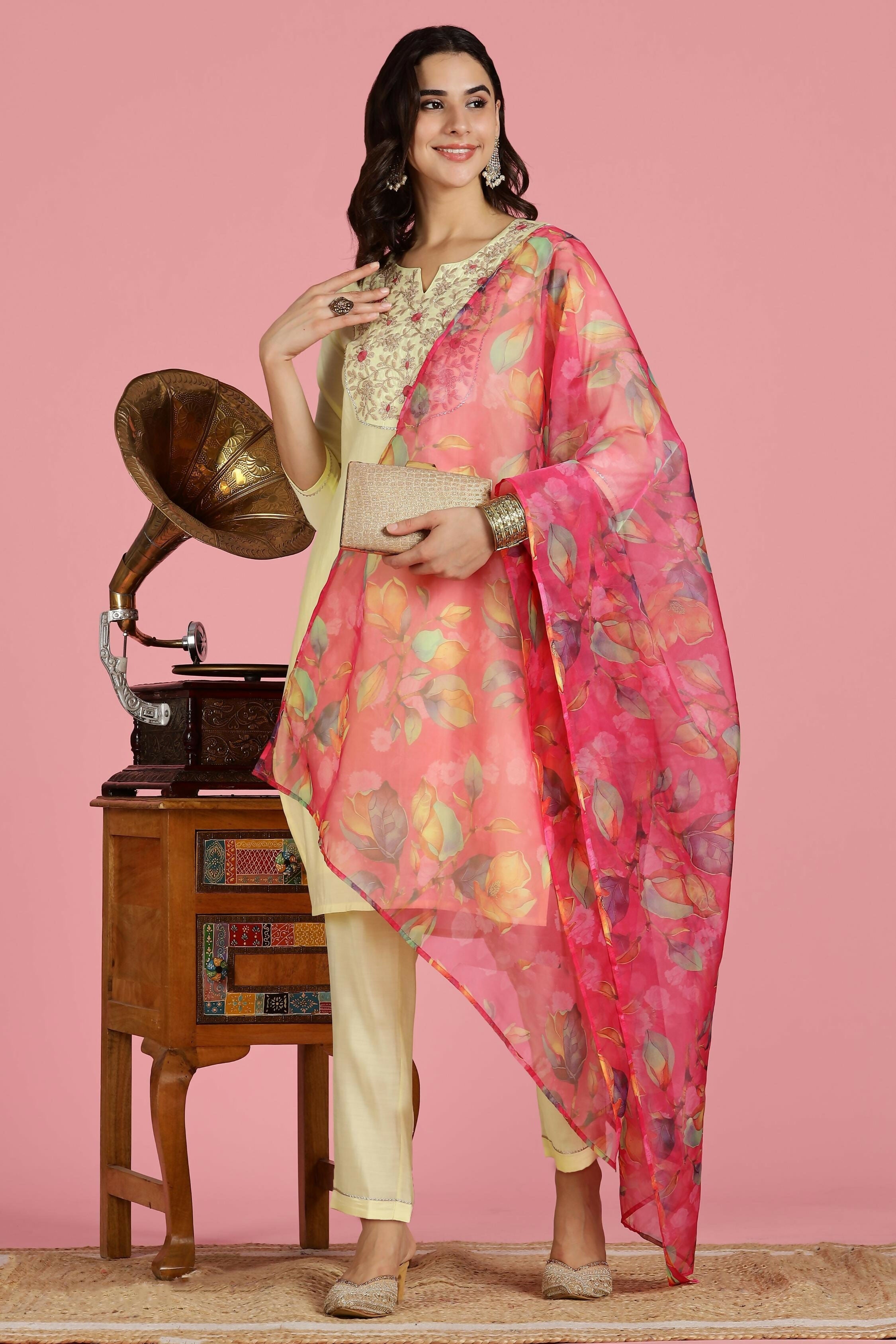 BulBul Women’s Butter Yellow Embroidered Chanderi Kurta Set with Dupatta