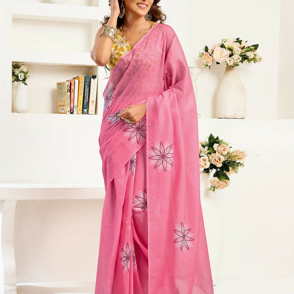 Joban Fashion Baby Pink Geomatric Linen Ready To Wear Saree With Unstitched Blouse - Distacart