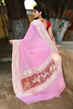 Thumbnail for Joban Fashion Baby Pink Crepe Chiffon Pure Handloom Banarasi Silk Saree
