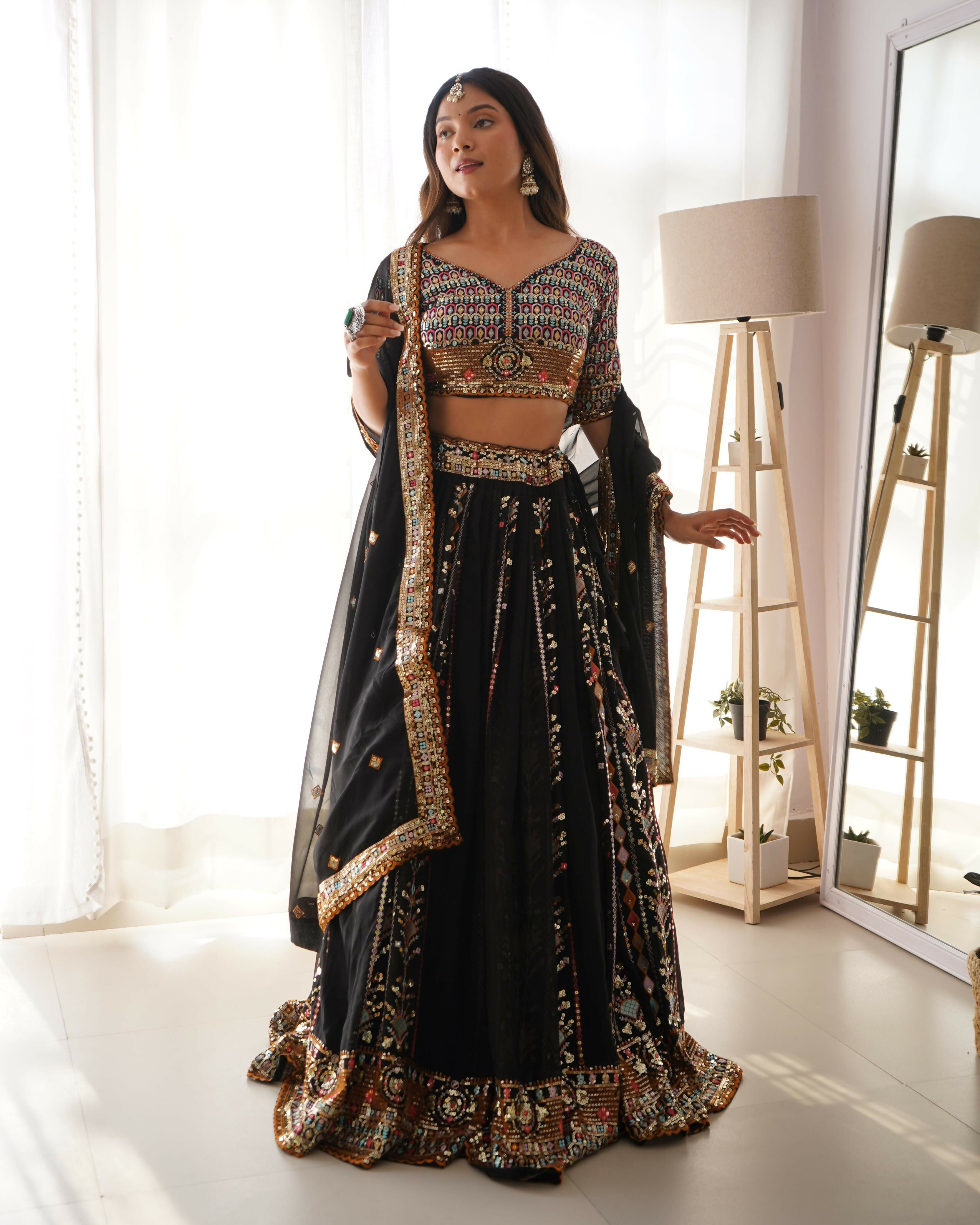 Joban Fashion Black Lehenga Georgette Coding Dori with Sequence with Rivet Moti