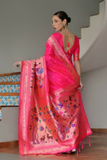 Thumbnail for Vishnu Weaves Women's Pink Paithani Silk Zari Woven Saree with Blouse