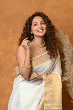 Thumbnail for Very Much Indian Handloom Pure Cotton Linen Saree With Golden Border - White - Distacart