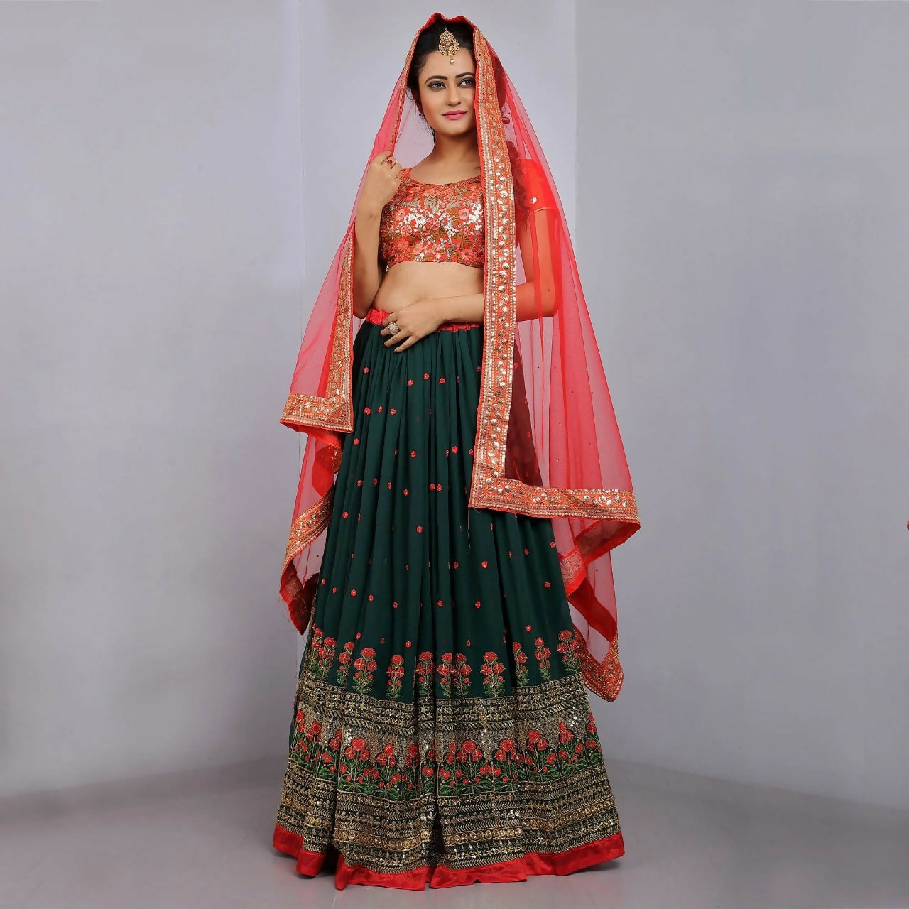 Jyoti Fashion Red & Bottle Green Thread & 3mm Sequence Embroidery Georgette Lehenga Choli with Dupatta - Distacart