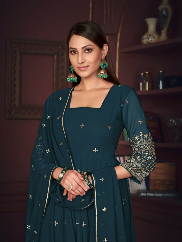 Jyoti Fashion Women's Rama Georgette Embroidered Anarkali Kurta Pant Set With Dupatta - Distacart