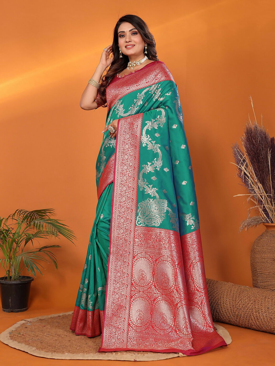 Joban Fashion Banarasi Pine Green Woven Soft Silk Saree