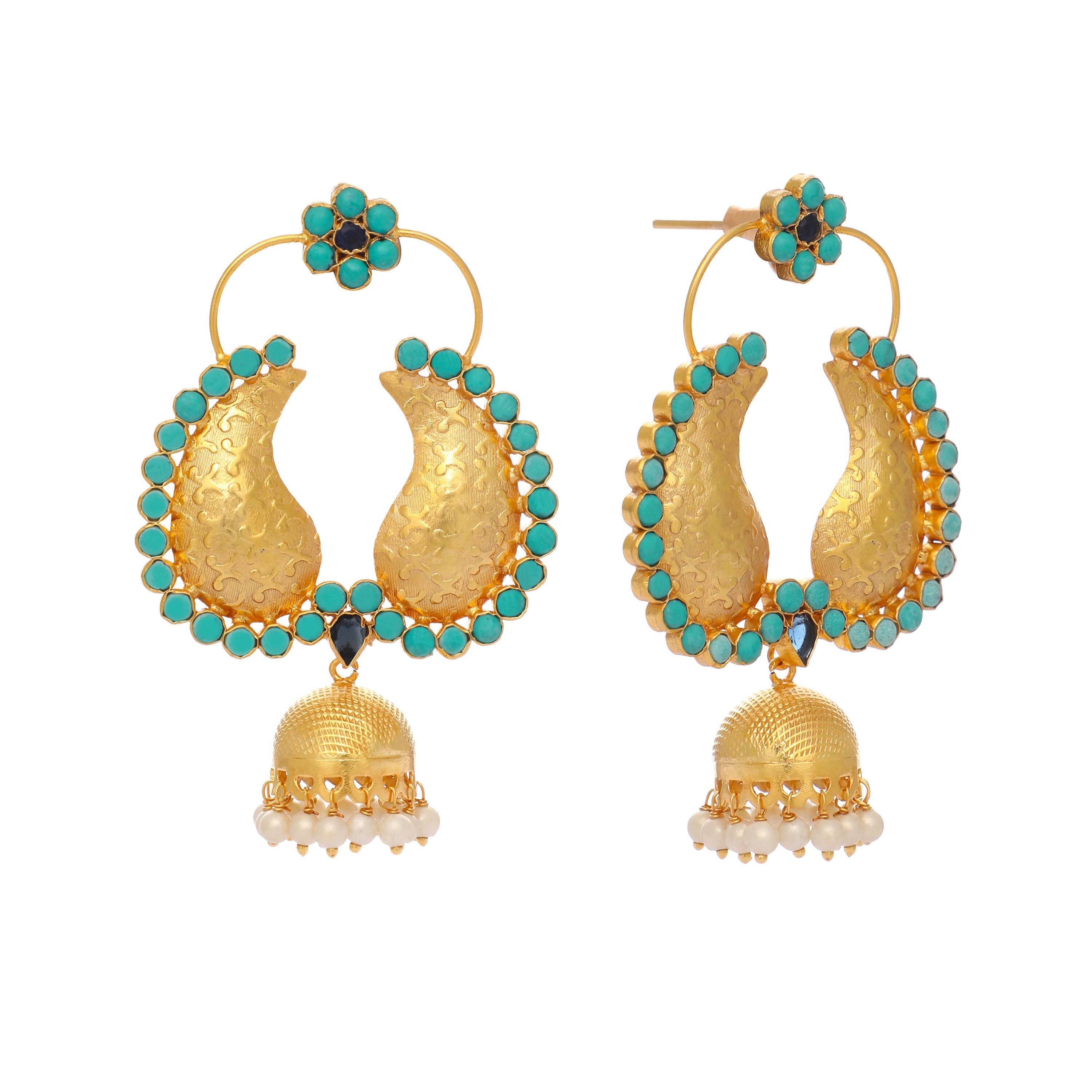 Nuyug 22K Gold Plated Turquoise Stone Studded Contemporary Mini Jhumki Dangler Earrings