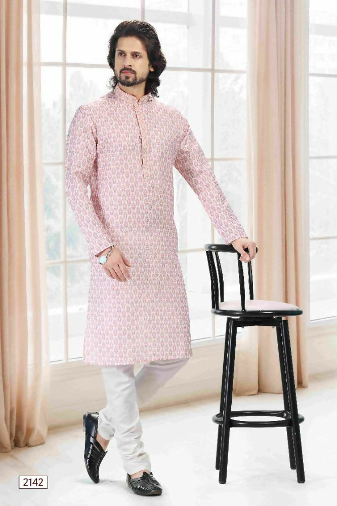 Raivat Ethnic Cotton Thread Work Kurta Pajama In Baby Pink Colour - Dista