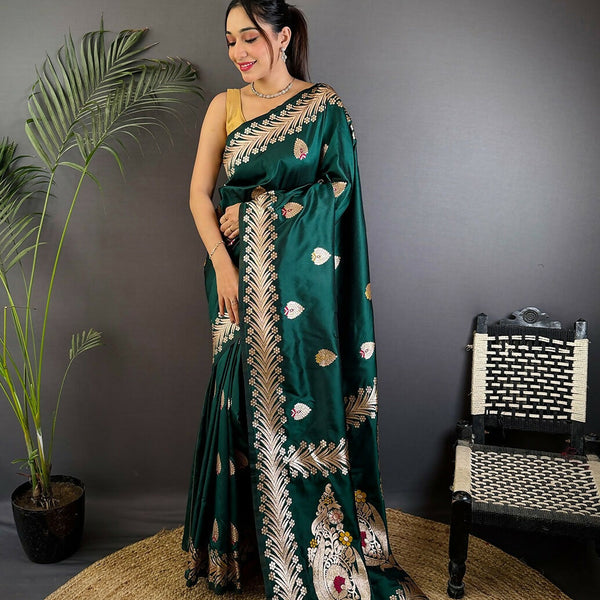 Joban Fashion Banarasi Deep Teal Woven Soft Silk Saree - Distacart