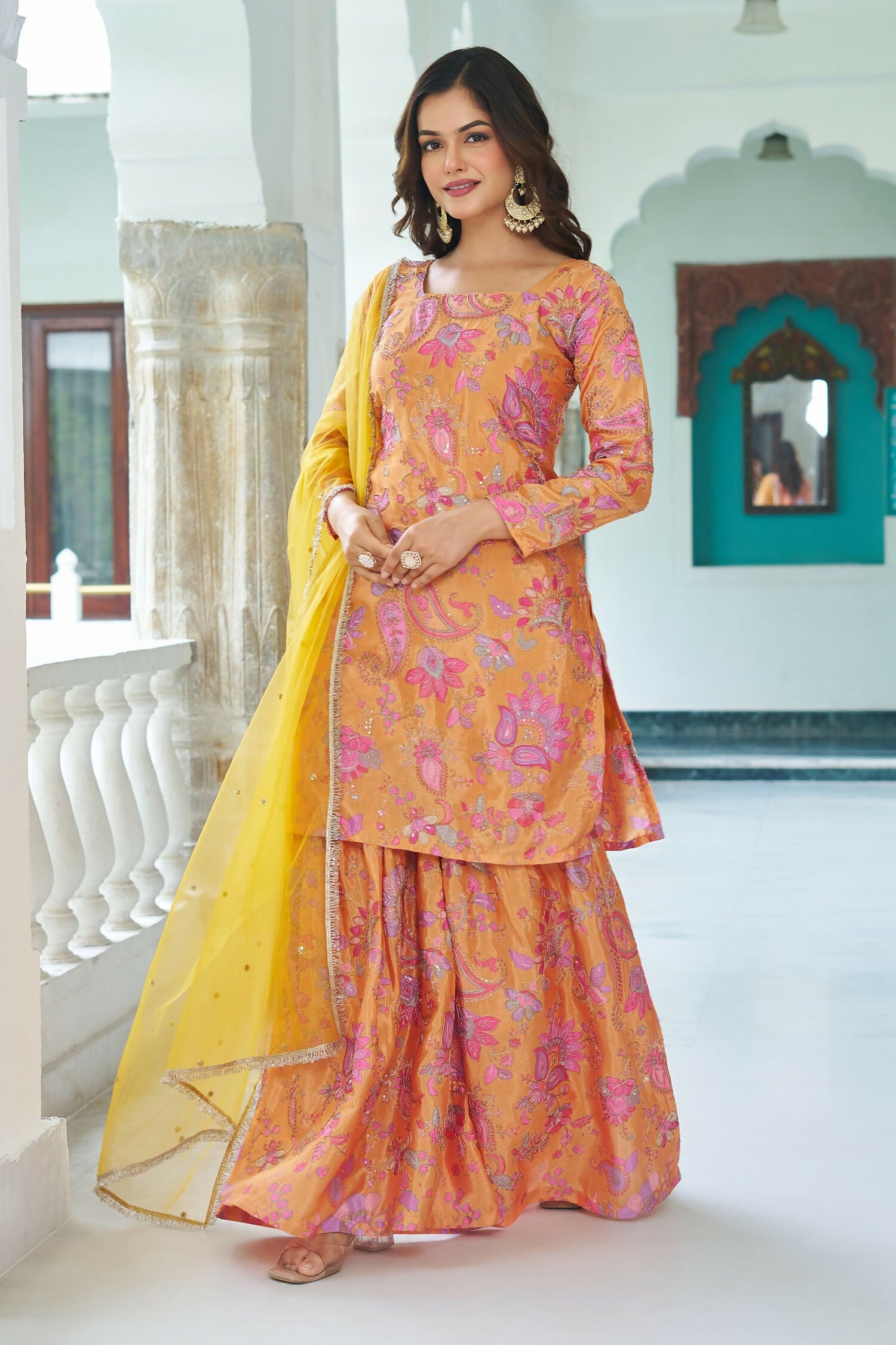 Joban Fashion Yellow Chinnon Embroidery Sequence Work Readymade Kurta Set - Distacart