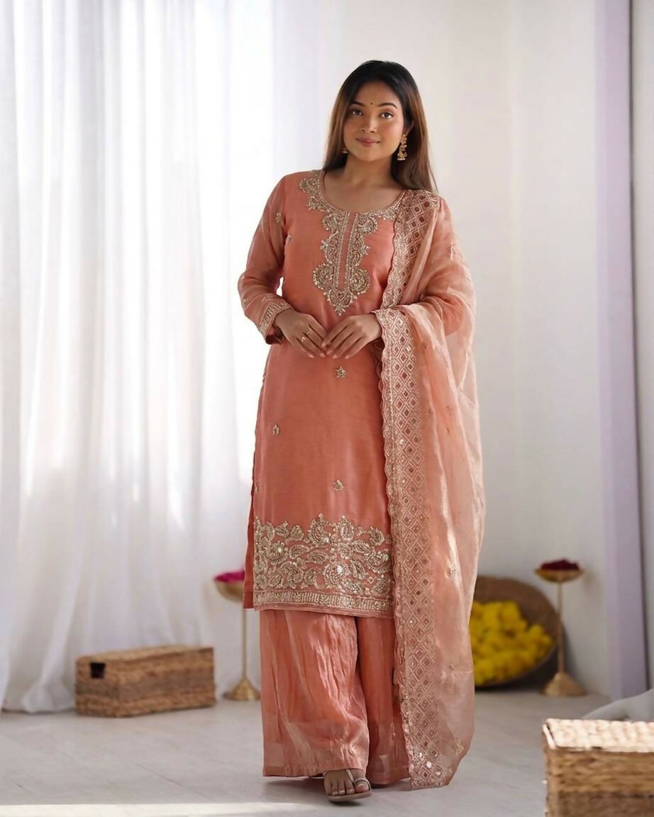 Teeya Creation Womens New Trendy Stylish Embroidery Beads Work Palazzo Kurta Set -Peach - Dista