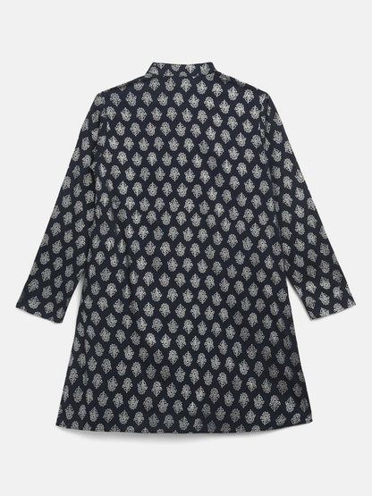 Ahalyaa Navy Blue Poly Rayon Silver Foil Print Kids Kurta Churidar Set For Boys - Distacart