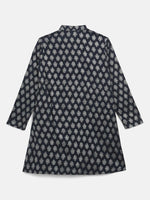 Thumbnail for Ahalyaa Navy Blue Poly Rayon Silver Foil Print Kids Kurta Churidar Set For Boys - Distacart