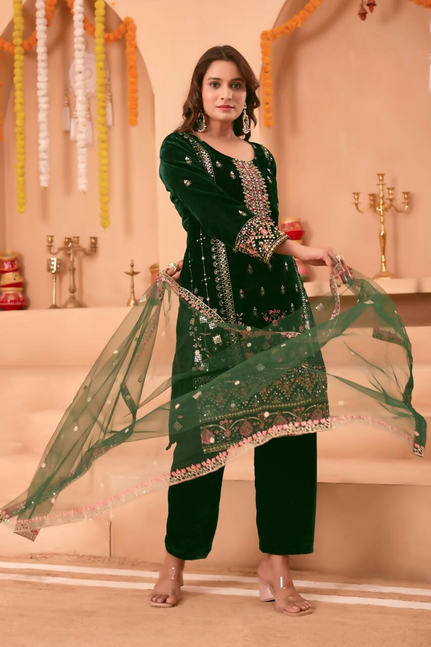 Teeya Creation Green Color Velvet Embroidery Work Wedding Wear Salwar Suit