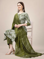 Thumbnail for Jyoti Fashion Women's Mehendi Rayon Print with Embroidery & Fancy Lace Work Kurta with Trouser & Dupatta - Distacart
