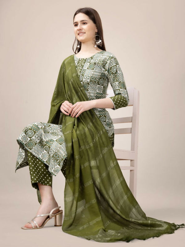 Jyoti Fashion Women's Mehendi Rayon Print with Embroidery & Fancy Lace Work Kurta with Trouser & Dupatta - Distacart
