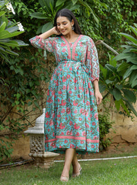 Thumbnail for Kaajh Women's Green Hand Block Printed Dress - Distacart