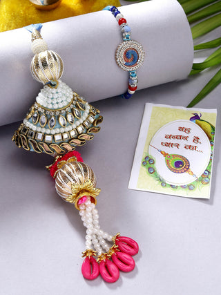 NVR Women & Men Set of 2 Blue Kundan-Studded & Beaded Bhaiya Bhabhi Rakhi With Roli Chawal & Chocolate - Distacart