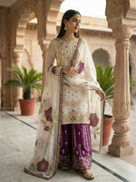 Thumbnail for Teeya Creation Wine Gimmy Silk Designer Embroidery Work Wedding Wear Palazzo Pair - Distacart