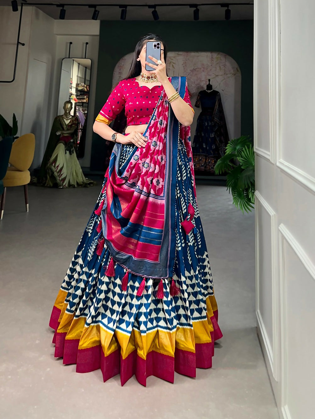 Vastranavya Traditional Printed Tusser Silk Lehenga Choli - Blue - Distacart