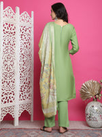 Thumbnail for Jyoti Fashion Women's Green Muslin Floral Resham Embroidery Kurta with Trouser & Dupatta - Distacart