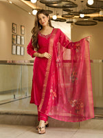 Thumbnail for Divine Drape Women's Viscose Embroidered Straight Kurta Pant With Dupatta - Red