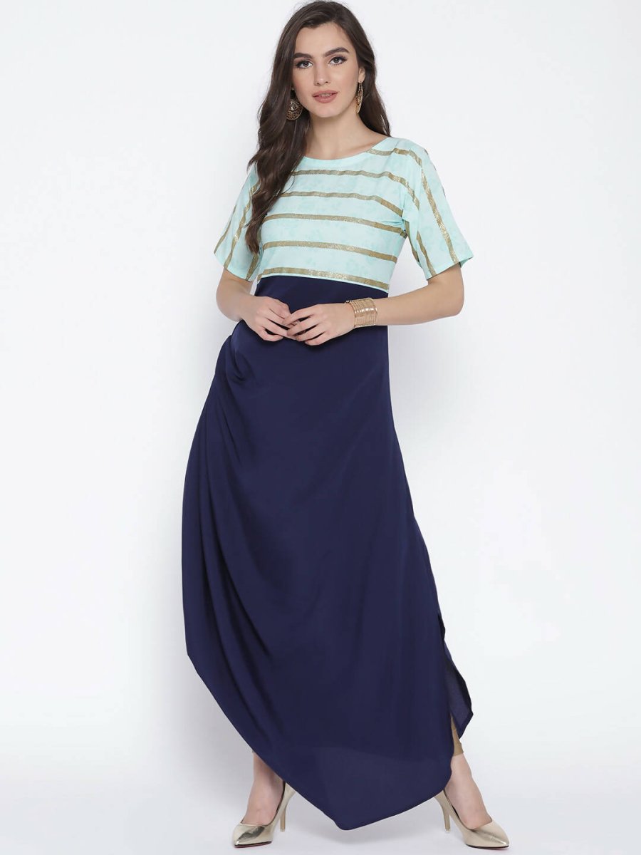 Ahalyaa Blue Crepe One Side Gathered Drape Kurta Dress - Distacart