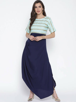 Ahalyaa Blue Crepe One Side Gathered Drape Kurta Dress - Distacart