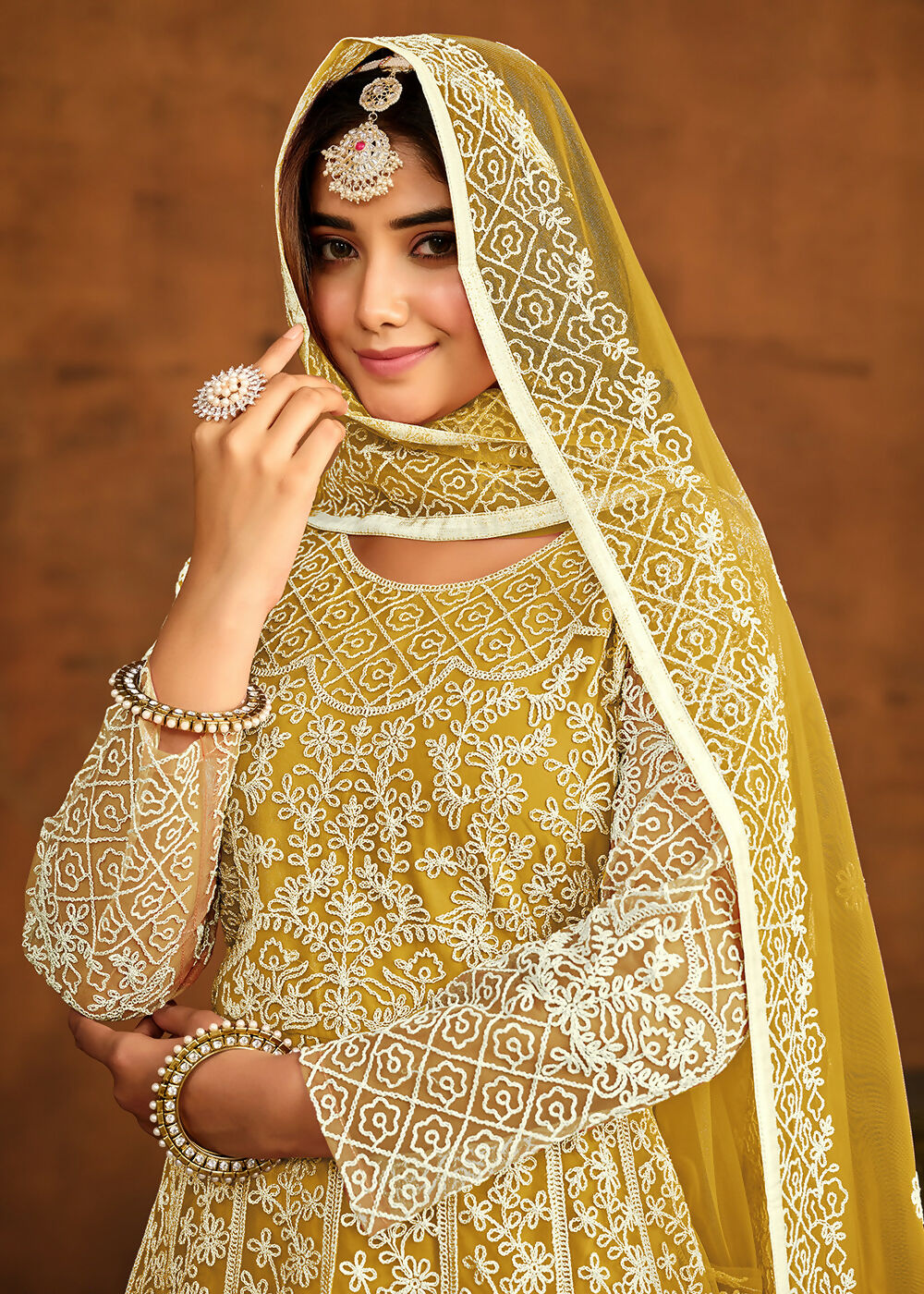 Yellow All Over Embroidered Net Wedding Anarkali Suit - Emponline - Distacart