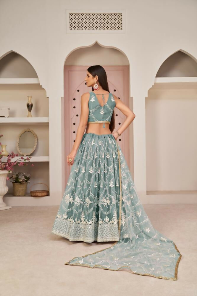Aastha Fashion Ocean Blue Butterfly Net White Cotton Thread Work, Zari Work And Sandwich Sequence Work Embroidery Wedding Wear Lehenga Choli - Distacart
