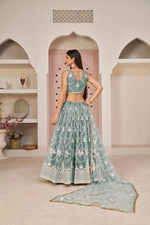 Thumbnail for Aastha Fashion Ocean Blue Butterfly Net White Cotton Thread Work, Zari Work And Sandwich Sequence Work Embroidery Wedding Wear Lehenga Choli - Distacart