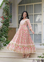 Thumbnail for Jaimini Women Cotton Printed Round Neck Calf Length Flared Kurta Pant And Dupatta Set - Dista