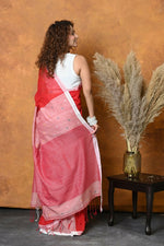 Thumbnail for Very Much Indian Pure Cotton Handloom Saree with Buttis & Sleek Border - Red - Distacart