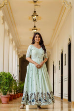 Thumbnail for Teeya Creation Mint Green Chinnon Heavy Work Long Wedding Gown - Distacart