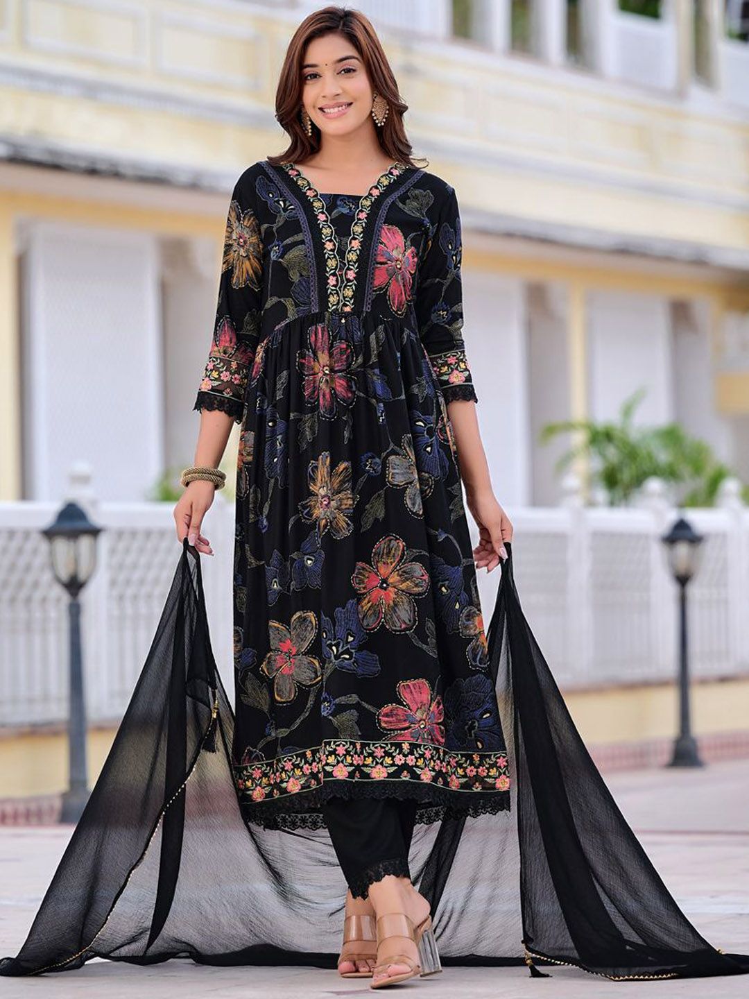 Kalini Floral Printed V-Neck Thread Work Anarkali Kurta With Trousers & Dupatta - Distacart