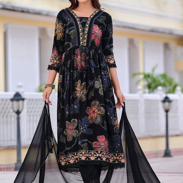 Kalini Floral Printed V-Neck Thread Work Anarkali Kurta With Trousers & Dupatta - Distacart