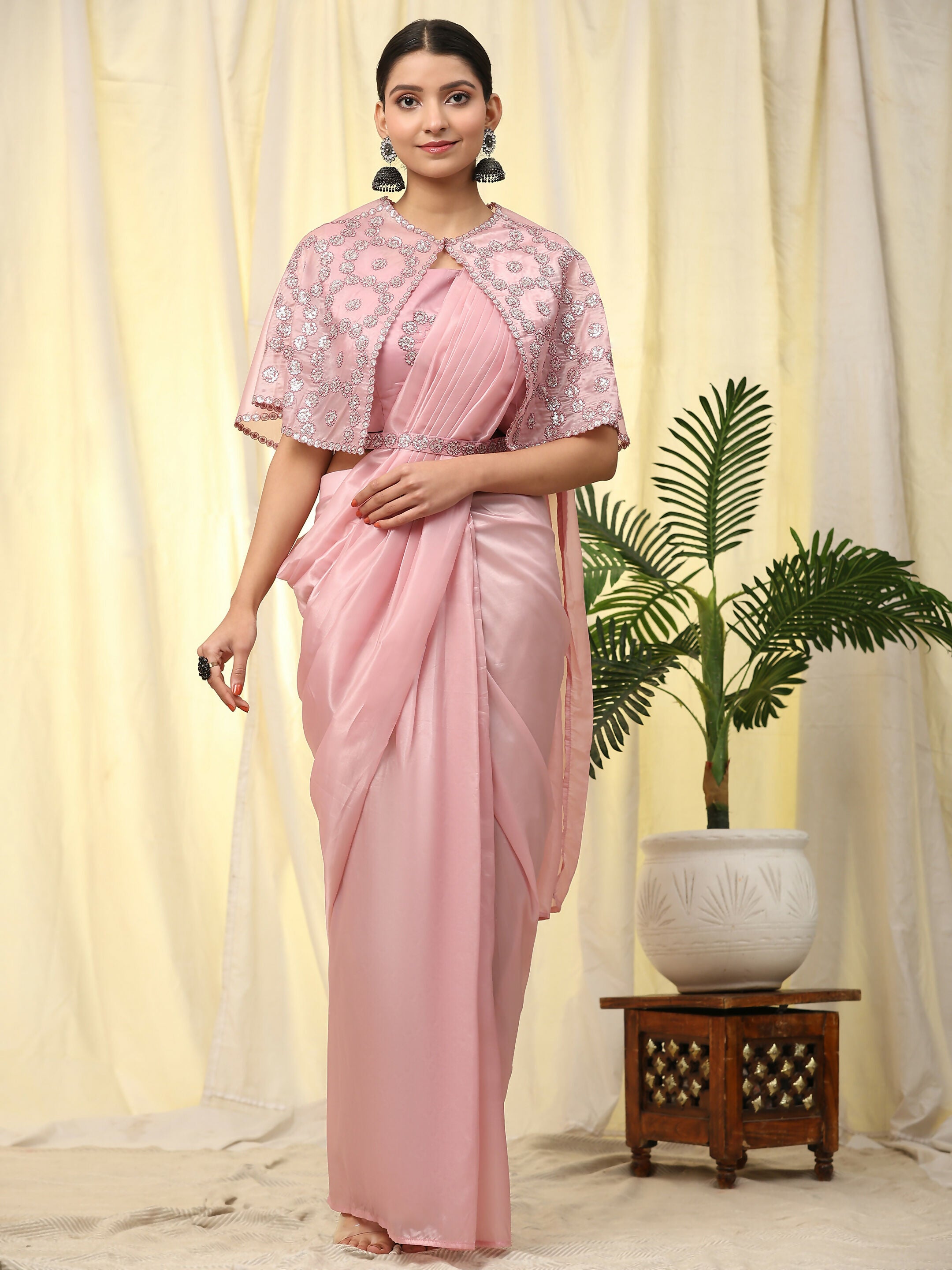 Pink Satin Solid Ready to wear Saree with stitched Blouse - Vanita - Distacart