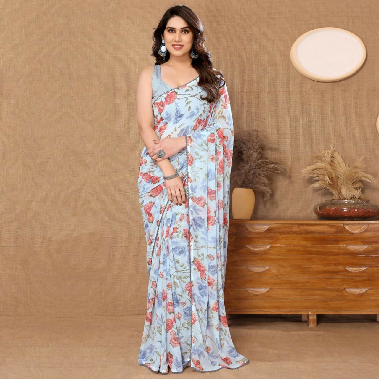Malishka Georgette Printed Ready To Wear Saree With Blouse Piece - Sky Blue - Distacart