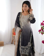 Thumbnail for The52 Women's Beautiful Chinon silk Fabric Embroidery Work Straight Kurta Palazzo and Dupatta Set - Distacart