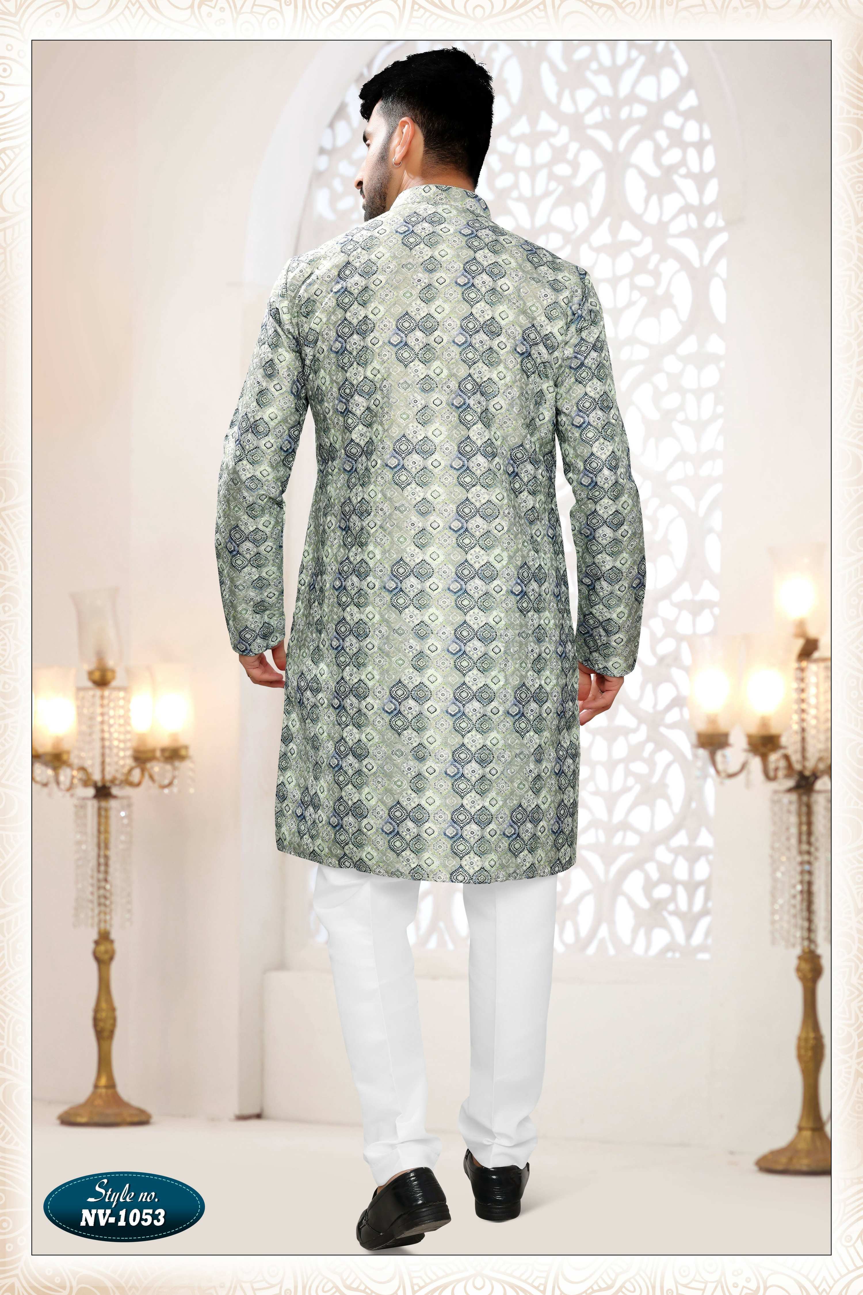 Joban Fashion Men's Green & Blue Straight Silk Thread And Sequence Embroidery All Over Kurta Set - Distacart
