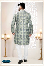 Thumbnail for Joban Fashion Men's Green & Blue Straight Silk Thread And Sequence Embroidery All Over Kurta Set - Distacart