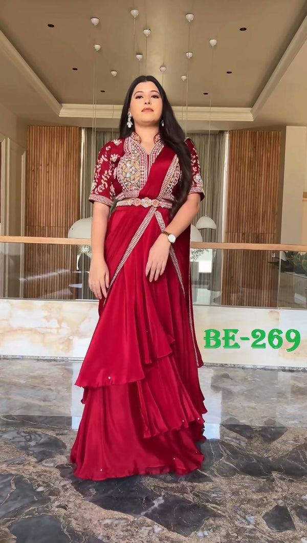 Preksha Creation Indian Stylist Exclusive Fancy Party Wear Fiyona Silk Lehenga Saree With Heavy Work Blouse And Belt - Red - Distacart