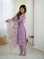 Thumbnail for The52 Lavender Women's Gorgeous Embroidered work Viscose Gadhwal Fabric Straight Kurta, Pant and Dupatta Set - Distacart
