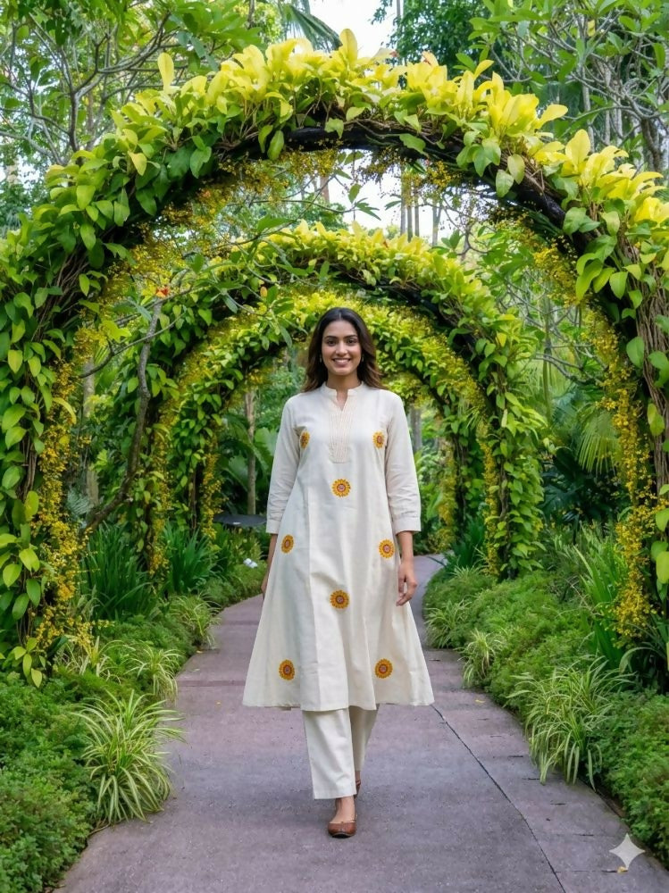 Teeya Creation New Latest Women Off-White & Yellow Embroidered Cotton A-Line Kurta with Trousers - Dista